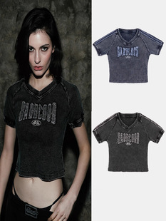 韩国小众badblood美式辣妹水洗做旧露脐短袖超短款T恤女休闲上衣