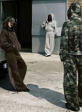 韩国小众badblood美式复古迷彩卫衣卫裤套装男女休闲运动情侣装潮