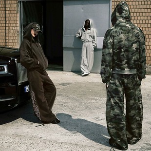 韩国小众badblood美式复古迷彩卫衣卫裤套装男女休闲运动情侣装潮