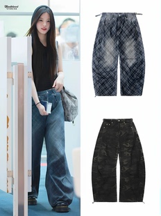 韩国小众badblood美式复古街头风迷彩豹纹裤弯刀阔腿裤情侣牛仔裤