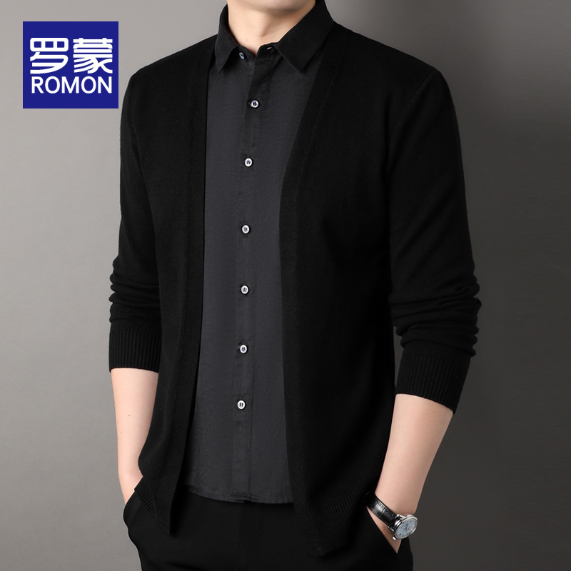 罗蒙男士假两件打底针织衫2025春秋季新款修身百搭翻领开衫毛衣男