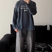 棉麻 正确ac做旧喷墨长袖 上衣男女款 1996字母印花美式 宽松T恤