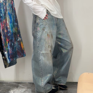 【顶版】 ac珠光宽松牛仔裤男女2023m彩虹涂层做旧阔腿直筒裤1981