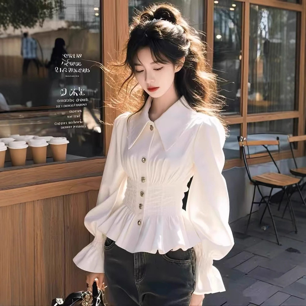甜美温柔风白色高级感长袖衬衫女装春秋法式收腰显瘦时尚洋气上衣