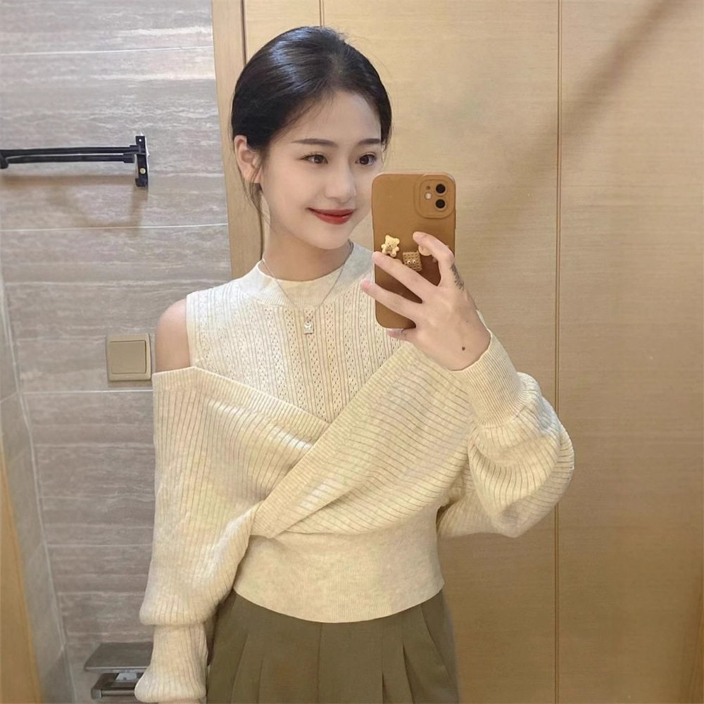 甜辣针织衫女秋冬外穿不规则长袖毛衣绝美设计感打底上衣