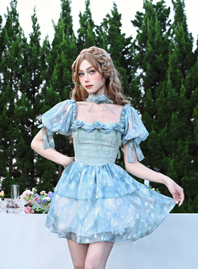 虚轨原创 无镜之梦甜美少女蕾丝公主裙玫瑰花泡泡袖蛋糕连衣裙夏
