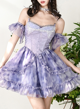 虚轨原创 筑梦师 甜美少女晕染假两件鱼骨塑腰吊带蓬蓬公主裙坎肩