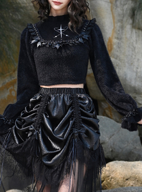 虚轨原创黑白意识甜美少女显瘦蝴蝶结仿貂毛短款灯笼袖针织毛衣女