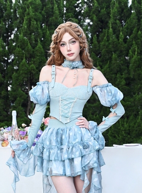 虚轨原创 无镜之梦甜美少女扎染纯欲性感绑带落肩泡泡袖吊带上衣