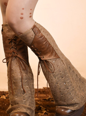 虚轨原创 浪漫消亡废土风复古做旧流浪风针织pu拼接绑带腿套袜套