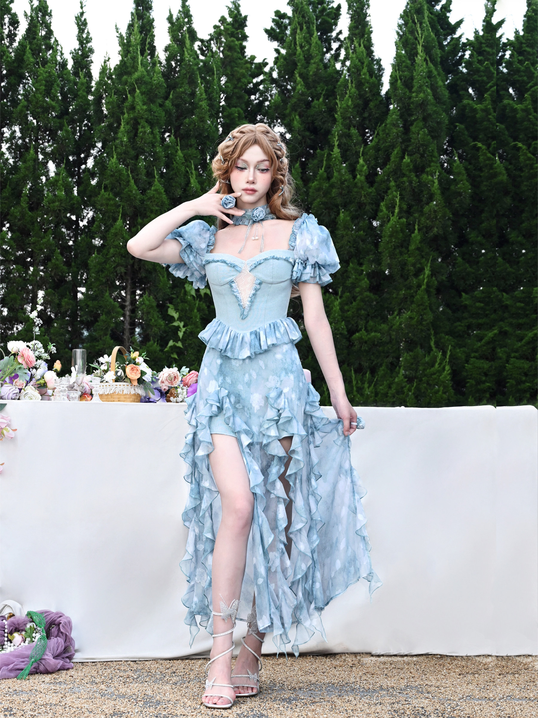 虚轨原创 无镜之梦甜美少女扎染荷叶边公主纯欲性感高开叉连衣裙