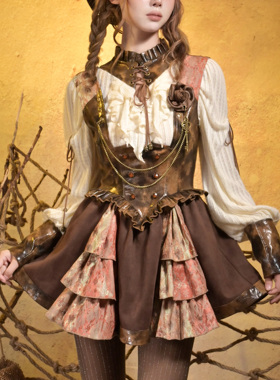 虚轨原创 沉船秘境蒸汽朋克蕾丝皮革拼接复古做旧少女胸托背带裙