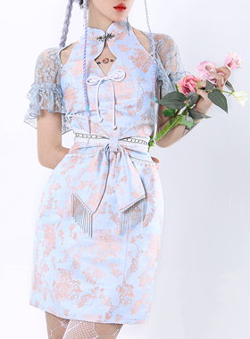 虚轨原创 致幻 新中式蝴蝶结辣妹包臀镂空披肩改良旗袍两件套夏季
