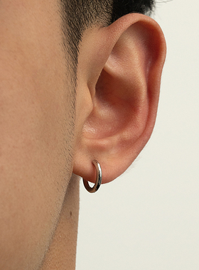 s999足银耳环男潮痞帅单只素圈耳钉简约小众耳骨钉男士养耳洞耳饰