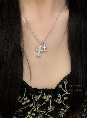 双十字架满钻吊坠项链女轻奢小众感高级锁骨链ins冷淡风个性饰品