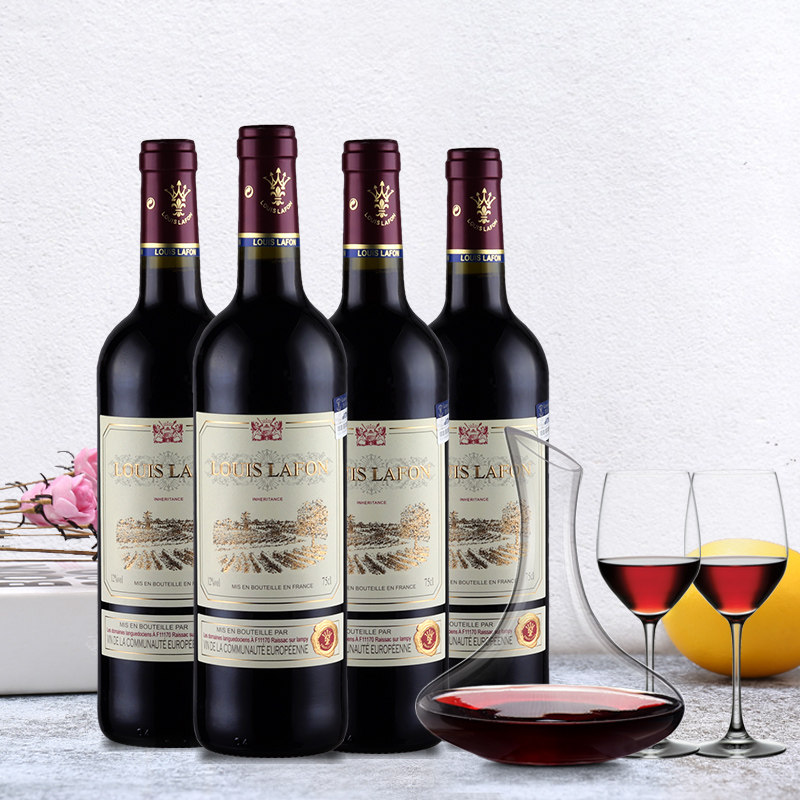 法国原瓶进口红酒loulslafon路易拉菲干红葡萄酒4支装送醒酒器
