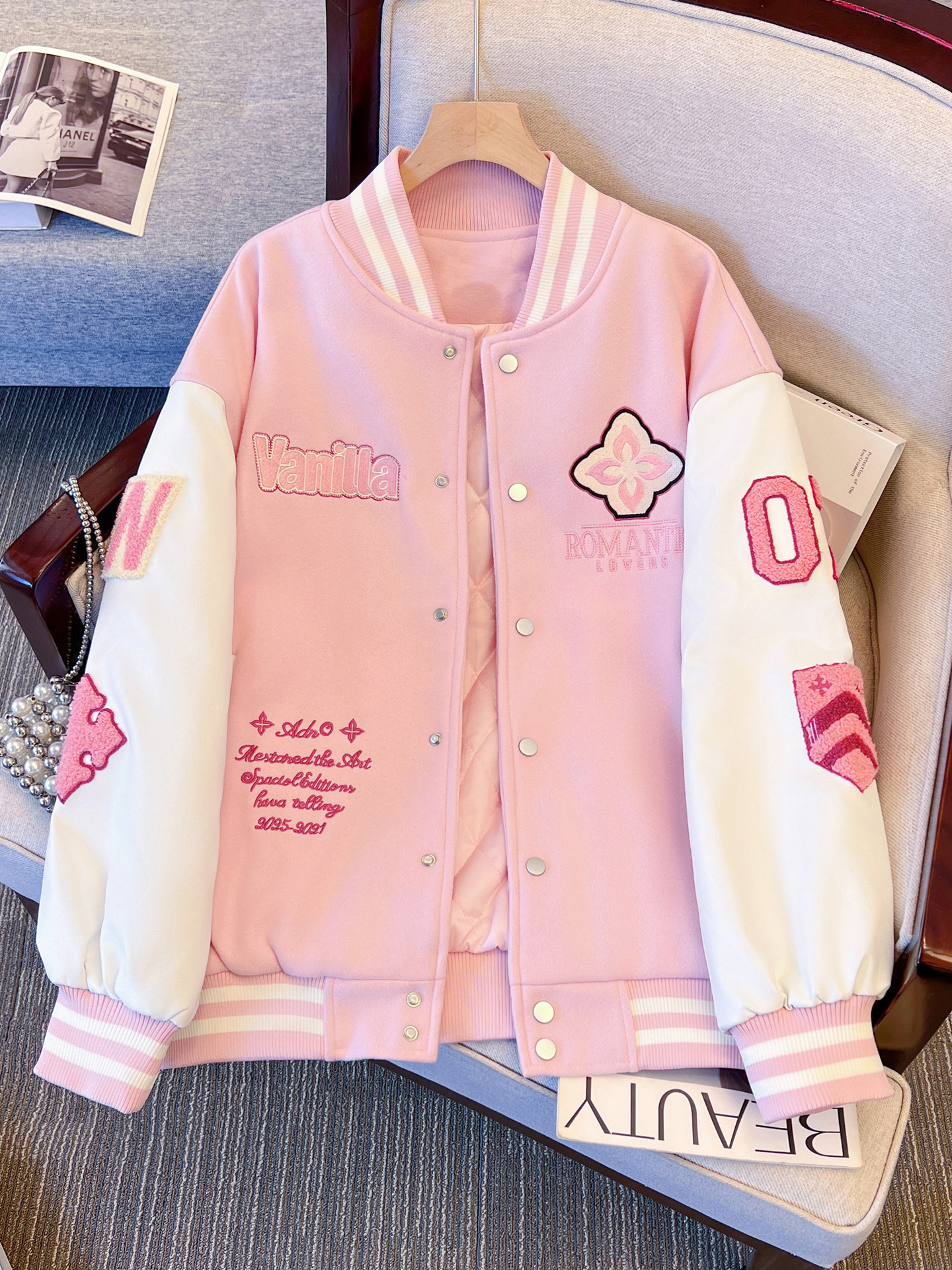 thumbnail for American Retro Diamond Embroidery Baseball Jacket for Women, Autumn and Winter Thickened Jacket, 2026 New Loose Couple's Padded Coat