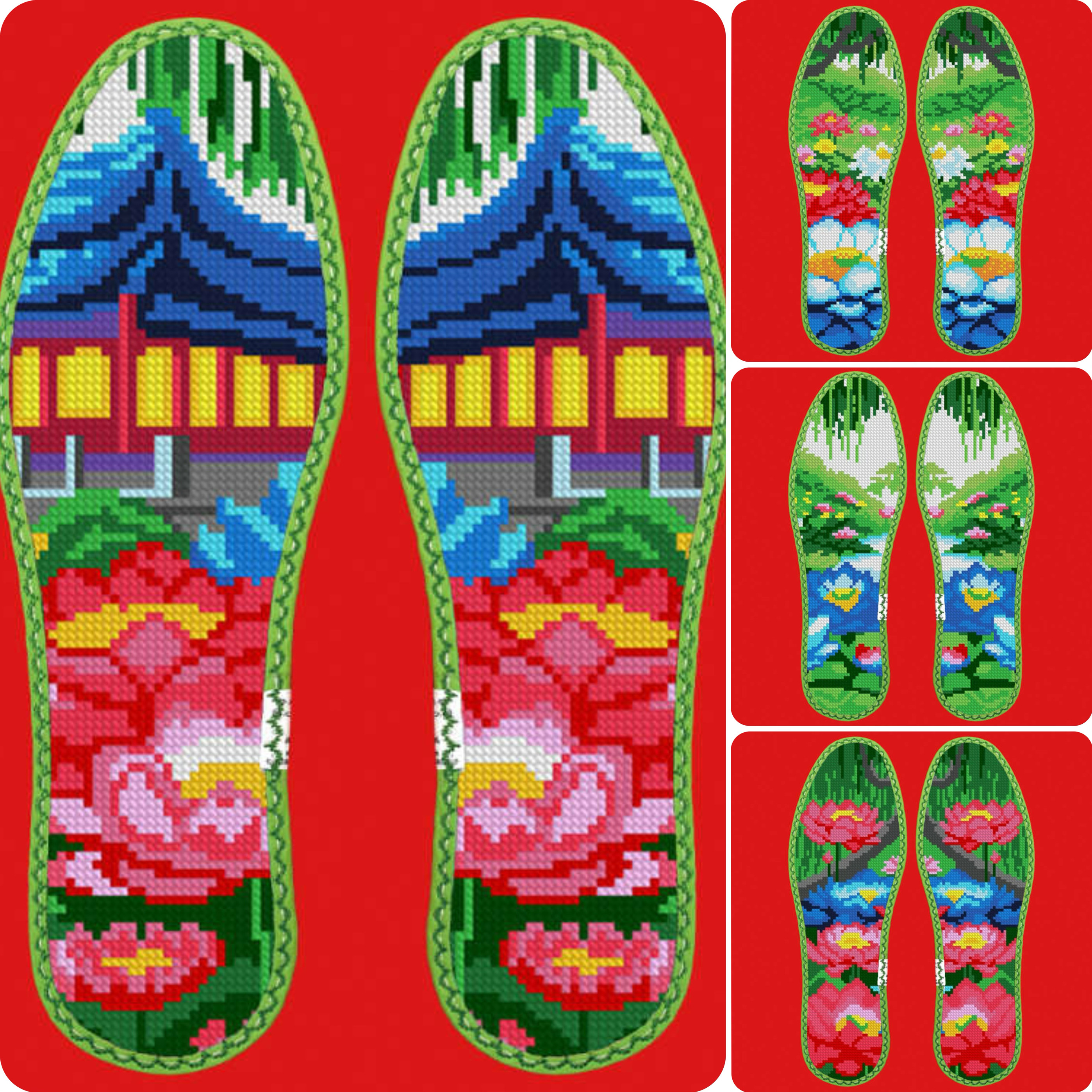新款风景套图玫瑰香花边七层纯棉布十字绣鞋垫小格子半成品自己绣