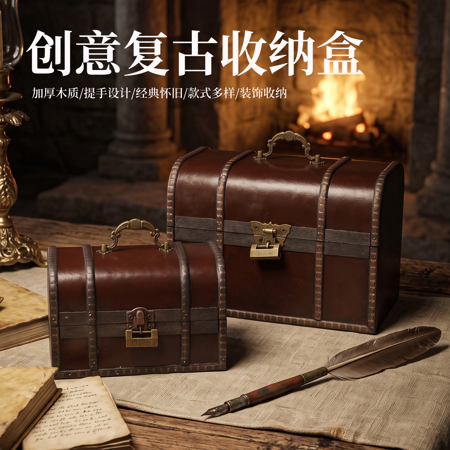 复古皮质宝箱收纳盒带锁大容量盒首饰储物盒摄影道具手提仿古盒子
