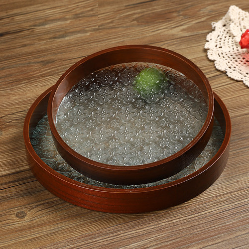 圆形海棠花玻璃托盘茶具收纳木盘