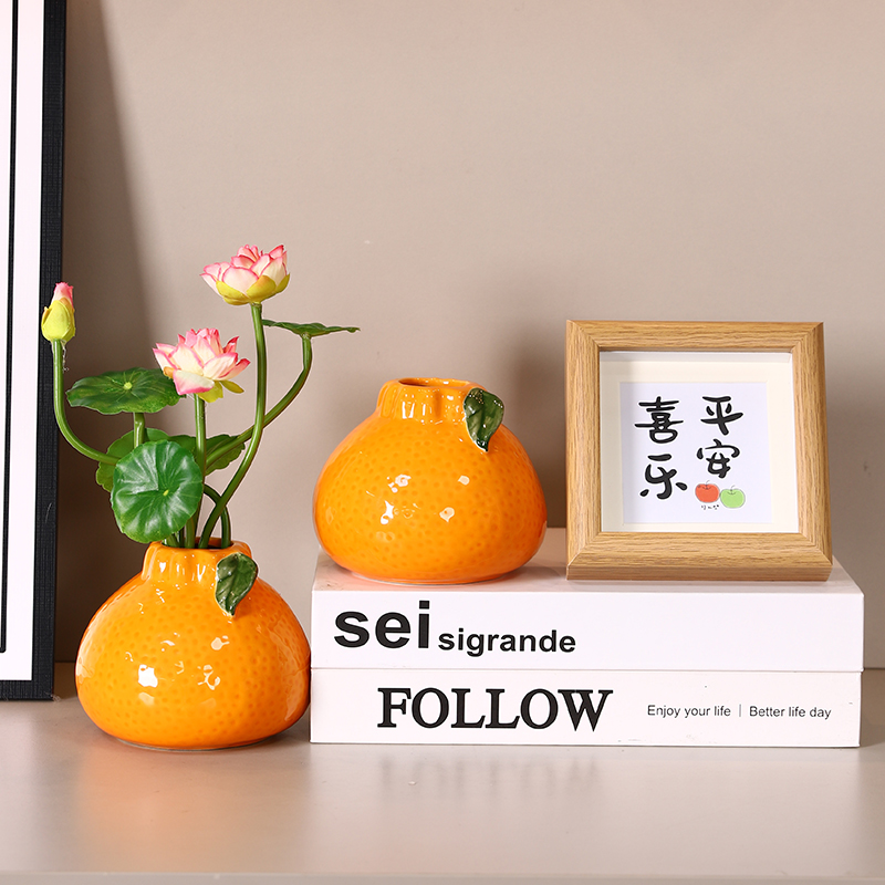 新款创意橘子造型陶瓷花瓶摆件