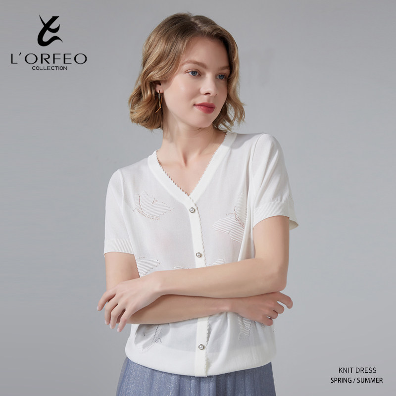 lorfeo/奥菲欧v领精致品质白色t恤短袖粘纤精致提花装饰扣针织衫