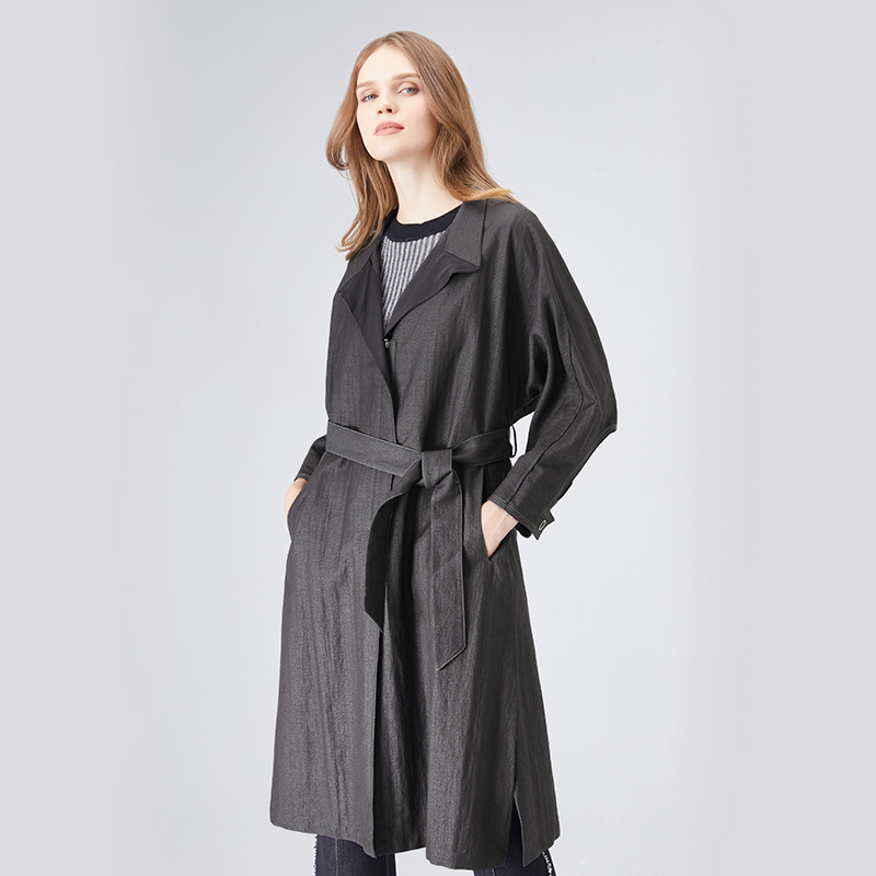 lorfeo/奥菲欧春季新款方领落肩风衣百搭中长款外套气质职场外套