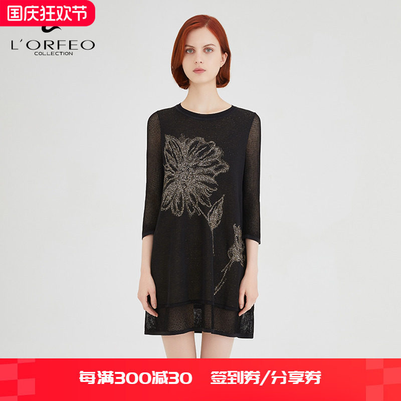 lorfeo/奥菲欧新款圆领中袖针织裙女装时尚针织毛衣连衣裙女