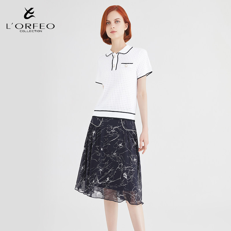 lorfeo/奥菲欧翻领短袖提花针织衫21年新款春夏女百搭针织女