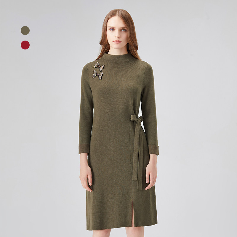 lorfeo/奥菲欧半高领长袖贴花针织裙简约秋冬打底中长针织衫裙