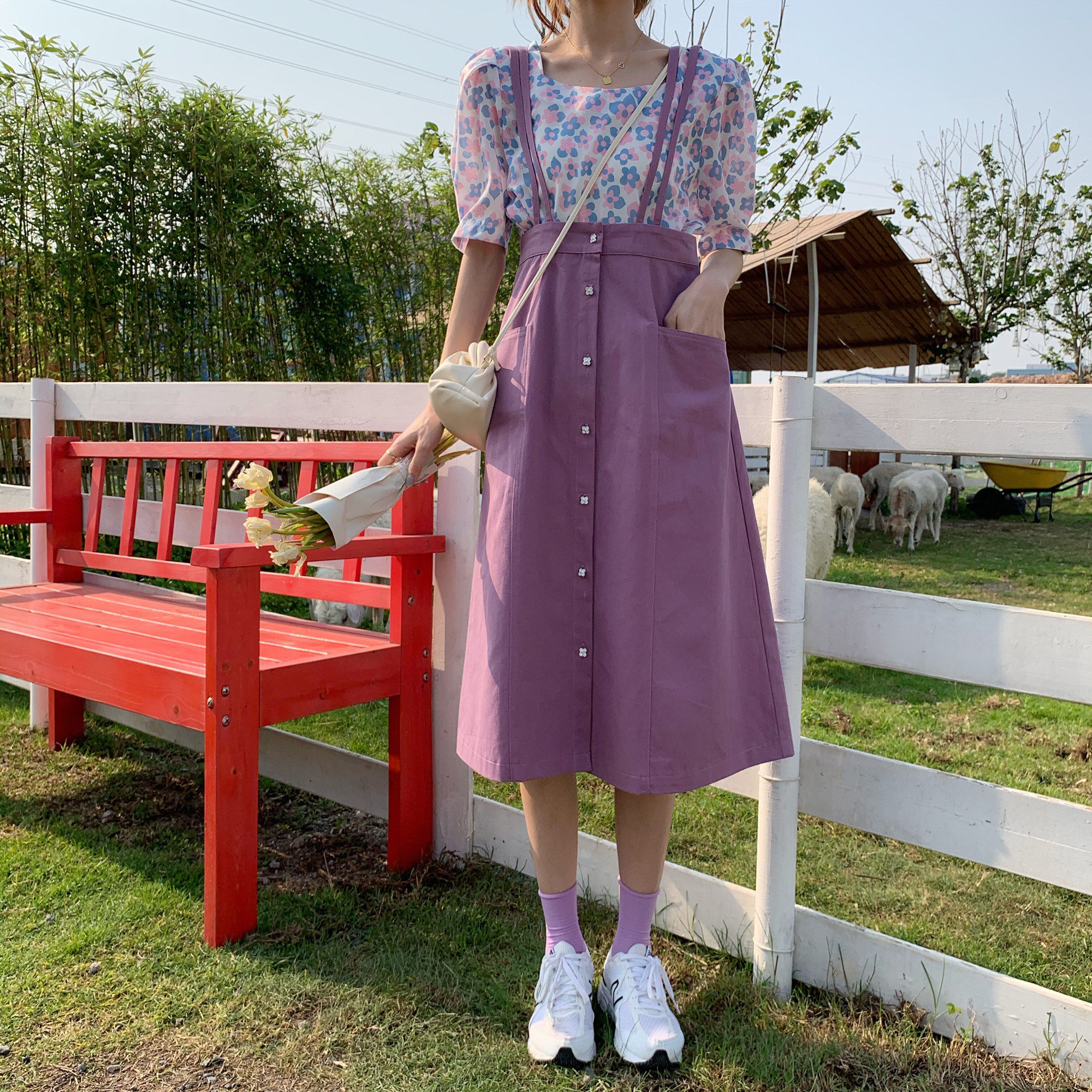 2020年新款短裙背带裙紫色吊带裙子香芋紫半身裙女夏天a字裙套装