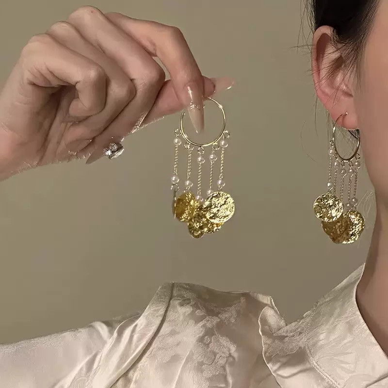 新款圆片肌理感圆圈流苏耳环女高级感显脸小耳环小众设计感耳饰