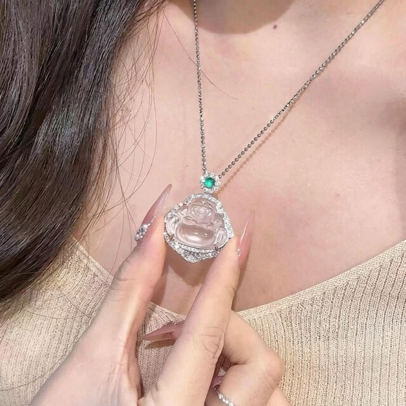 天然高冰种白冰玛瑙佛公镀银镶