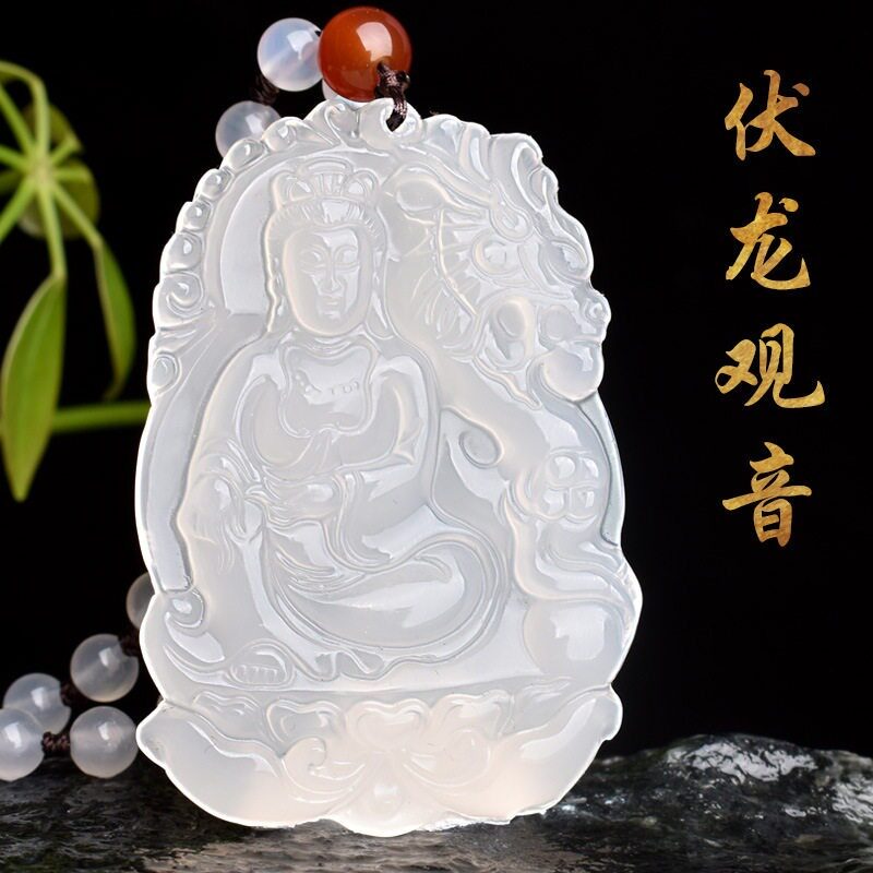 白色玉髓伏龙观音玉髓吊坠男士大号项链挂件玉坠玉佩精致小众国风