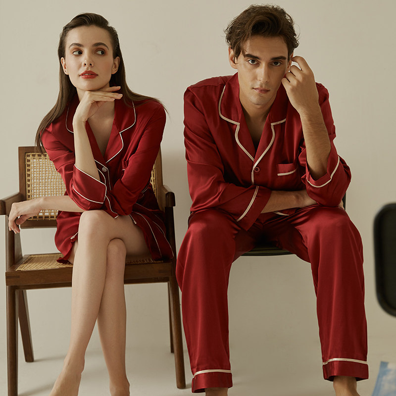 家居服情侣装真丝睡衣裙男女套装桑蚕丝长袖结婚新娘晨袍红高端秋