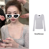 SoulSense假两件短款 女士T恤 打底百搭长袖 紧身显瘦时尚 纯色修身