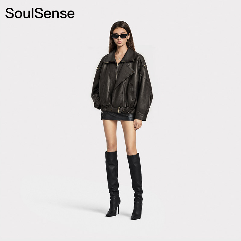 SoulSense黑棕色肌理外套休闲短款双层领PU春秋冬蛋白皮衣百搭