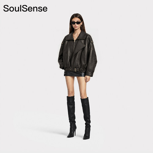 SoulSense黑棕色肌理外套休闲短款双层领PU春秋冬蛋白皮衣百搭