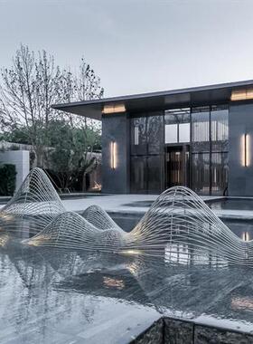 户外不锈钢镜面镂空假山雕塑酒店地产水景装饰售楼部水池造景摆件