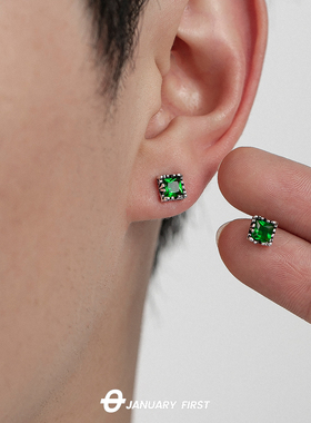 绿色钻石耳钉男款耳饰单只设计感嘻哈风高级秋冬痞帅ing小众独特