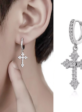 原创镶钻耳钉十字架耳环S925银耳针2021年新款潮高级感欧美嘻哈男