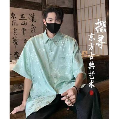 薄荷绿新中式汉服中国风上衣衬衫短袖男生高级感痞帅冰丝提花道袍