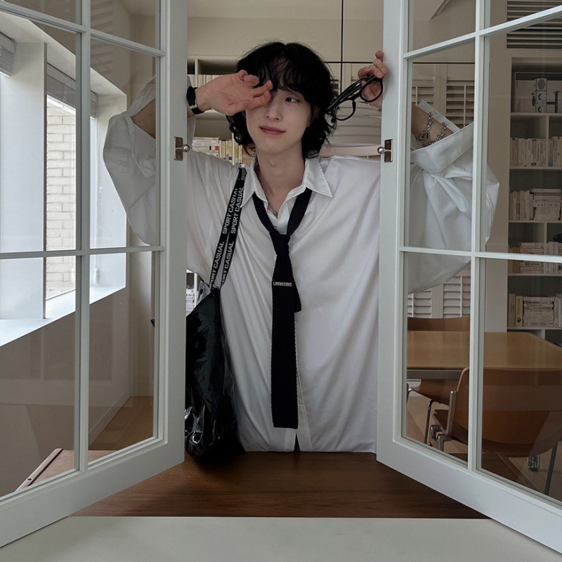 MYQ学院风长袖衬衫男士秋季宽松休闲衬衣韩版潮流dk制服打底衫