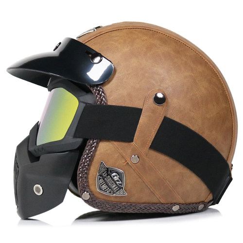 Orz手工PU皮摩托车头盔四季3/4盔