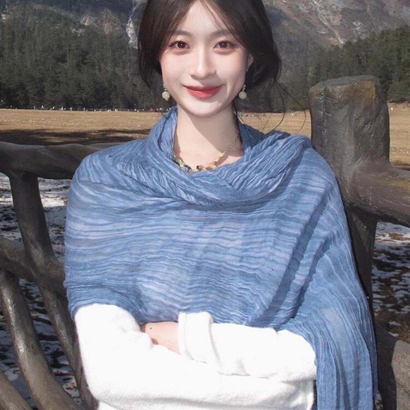 蓝色川西旅游披肩文艺薄款棉麻围巾女大西北新疆丝巾氛围感民族风