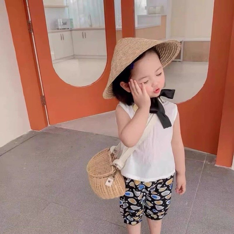 斗笠草帽儿童夏天出游遮阳防晒洋气系带男女宝宝帽子田园风防晒帽