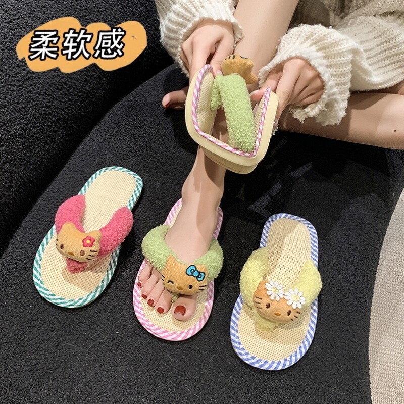 hellokitty凯蒂猫室内居家亚麻拖鞋春夏秋季女款可外穿人字拖新款