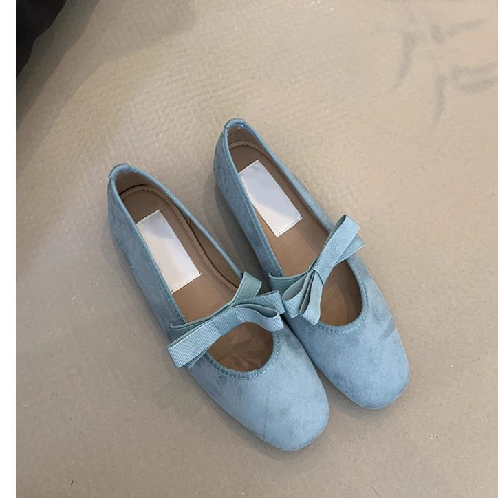 淑女气质法式圆头绒皮蝴蝶结浅口玛丽珍鞋女百搭平底透气芭蕾单鞋