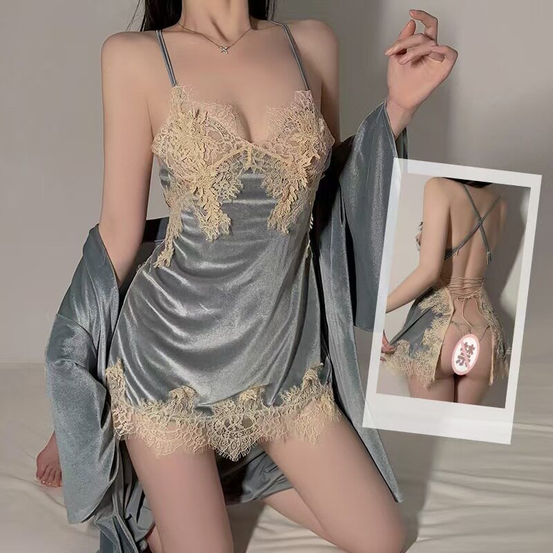 吊带睡裙女夏季睡袍浴袍真丝冰丝纯欲风新款夏天性感两件套大码