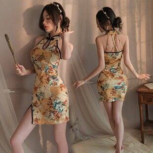 气质修身 性感旗袍复古挂脖无袖 女年轻款 汉服改良新款 复古印花 修身